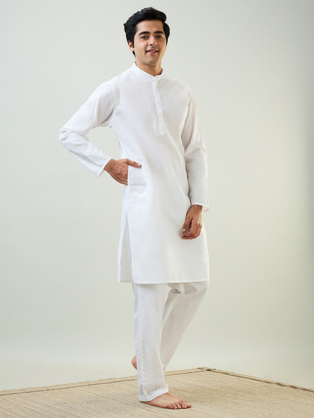 Sleepz Men White Solid Comfort Fit Polyester Blend Kurta Set