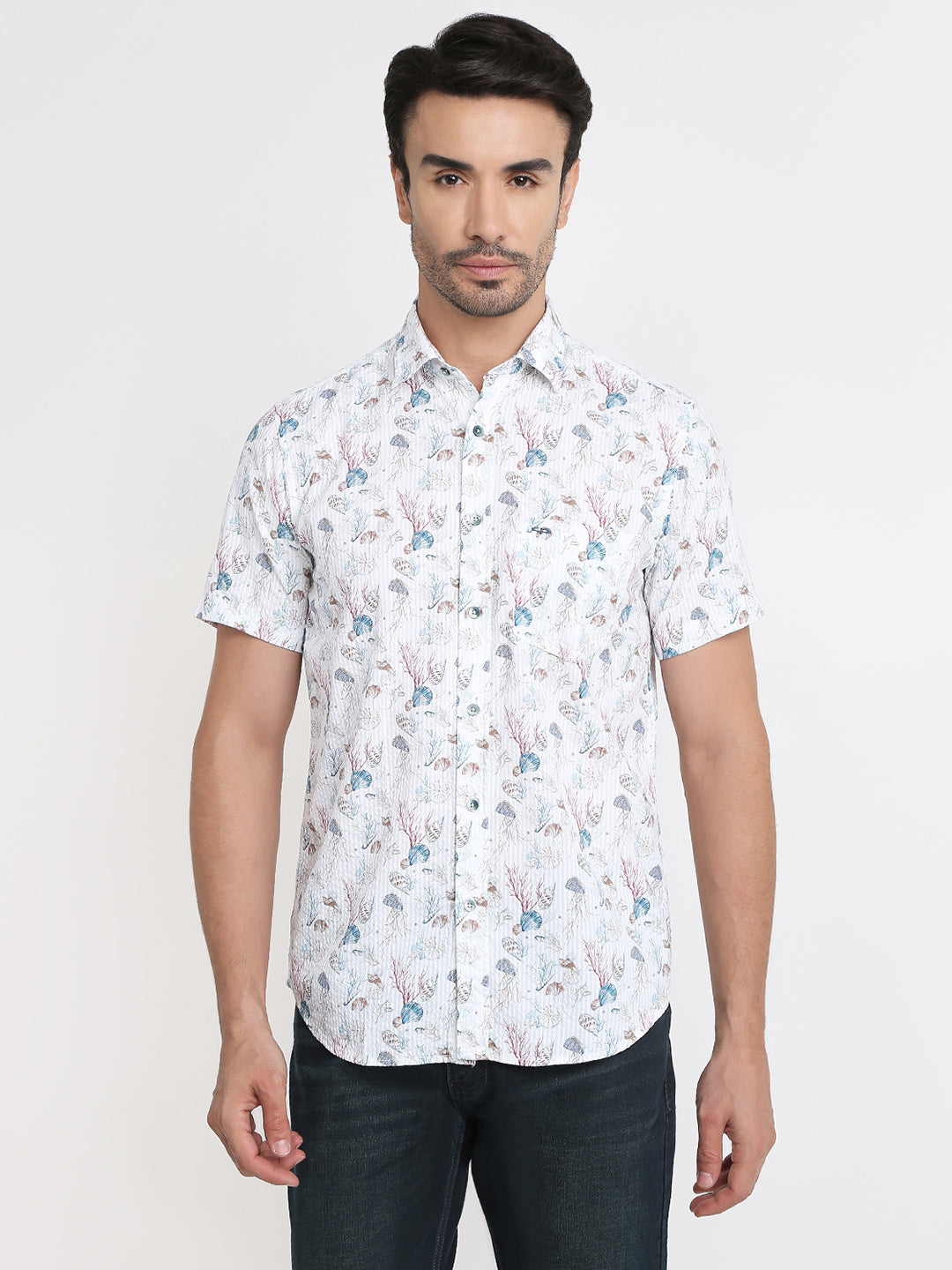 Colorplus Men Blue Printed Regular Fit Cotton Half Sleeve Casual Shirt