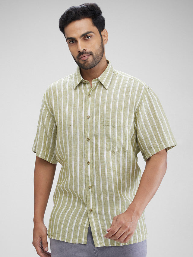 Colorplus Men Green Striped Regular Fit Half Sleeve Spread