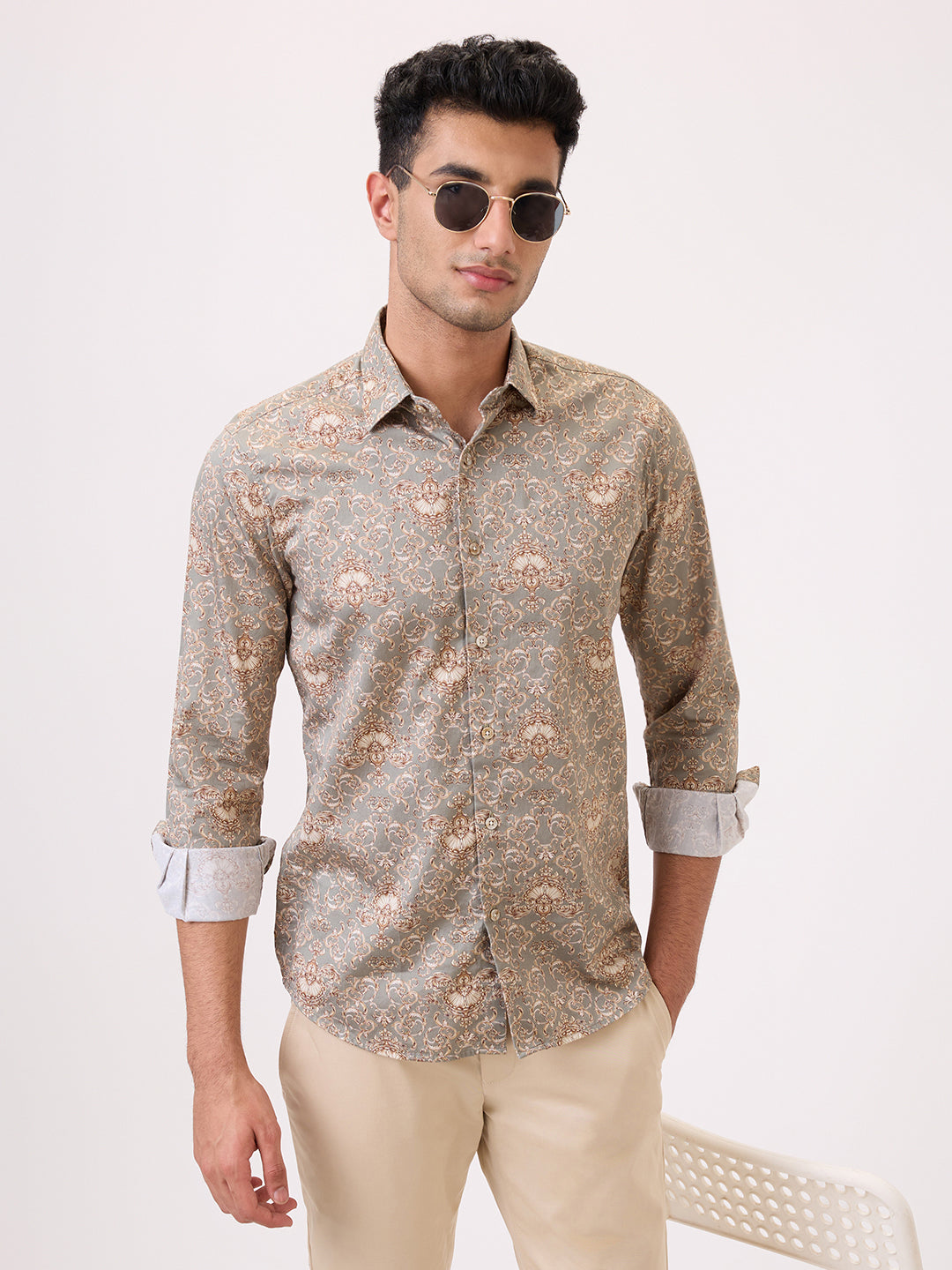 Colorplus Men Grey Print Regular Fit Cotton Casual Shirt