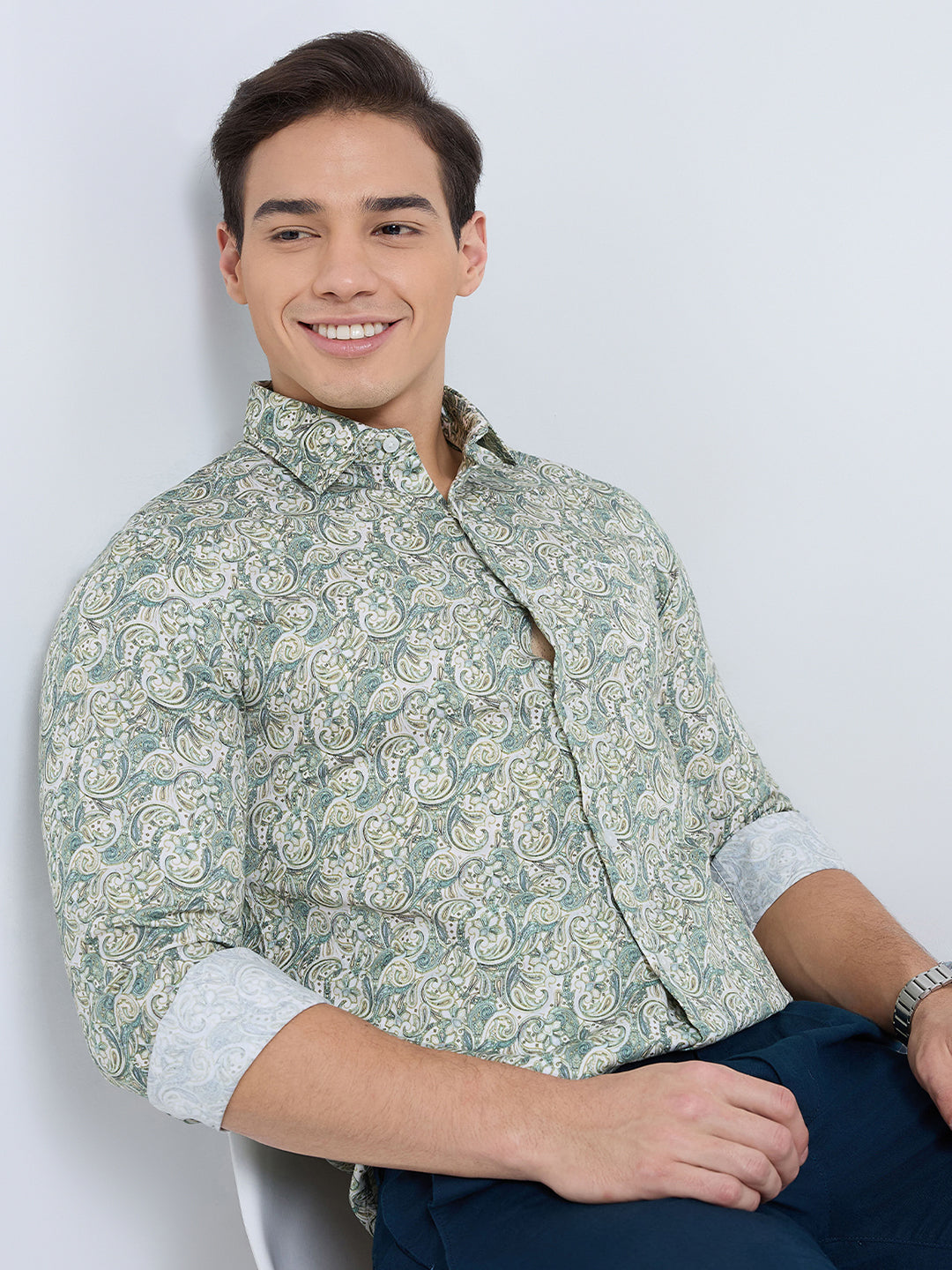 Colorplus Men Green Print Regular Fit Cotton Casual Shirt