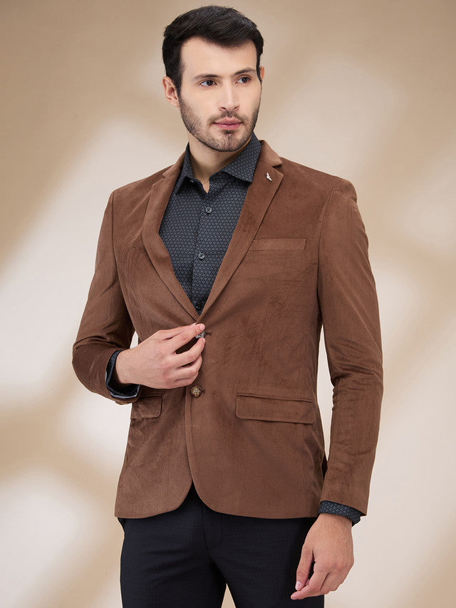 Park Avenue Men Brown Corduroy Slim Fit Polyester Blazer