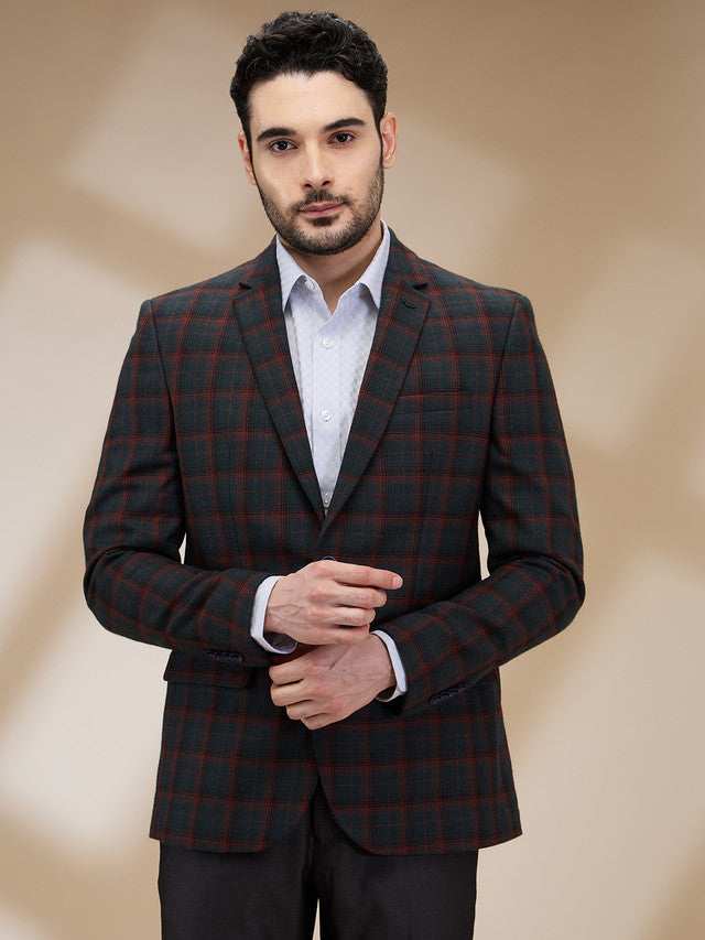 Park Avenue Men Green Checks Slim Fit Polyester Blend Blazer