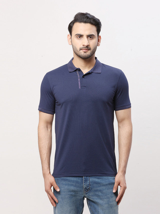 Park Avenue Men Blue Solid Slim Fit Half Sleeve Polo Neck T-Shirt