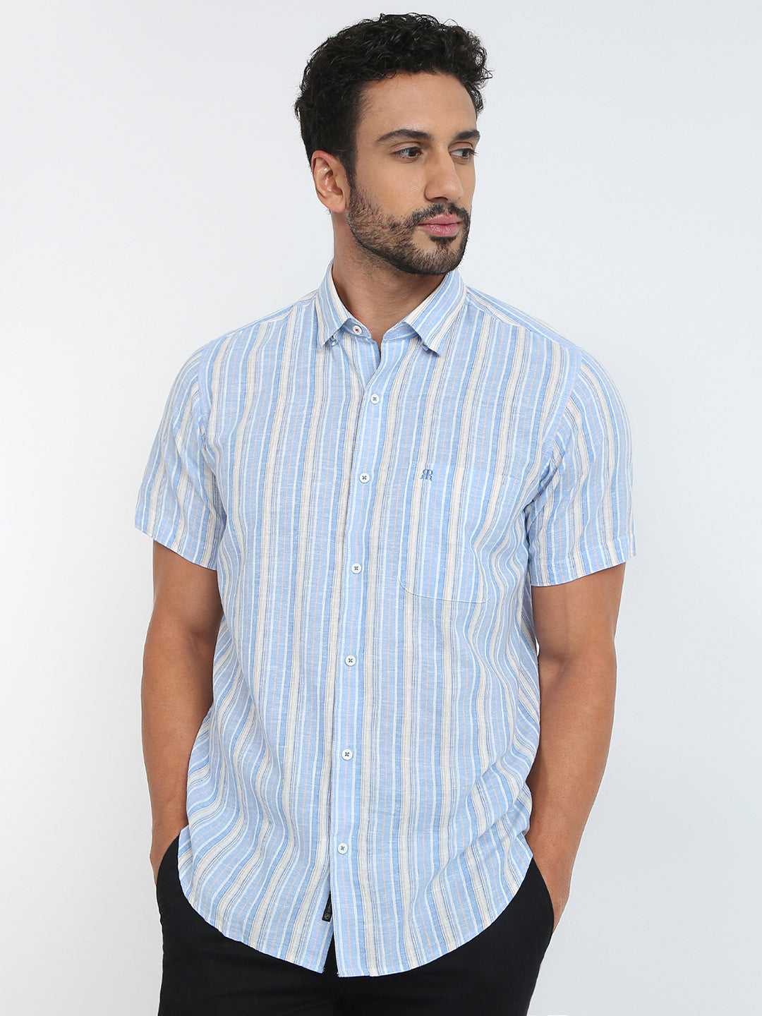 Raymond Men Blue Stripe Regular Fit Linen Blend Casual Shirt