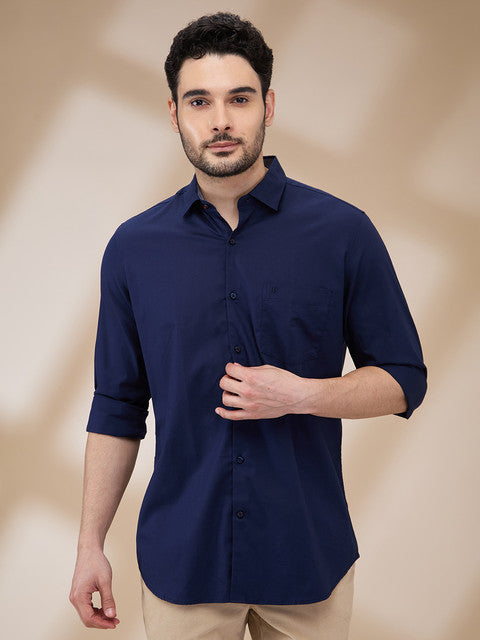 Raymond Men Blue Solid Contemporary Fit Cotton Blend Casual Shirts