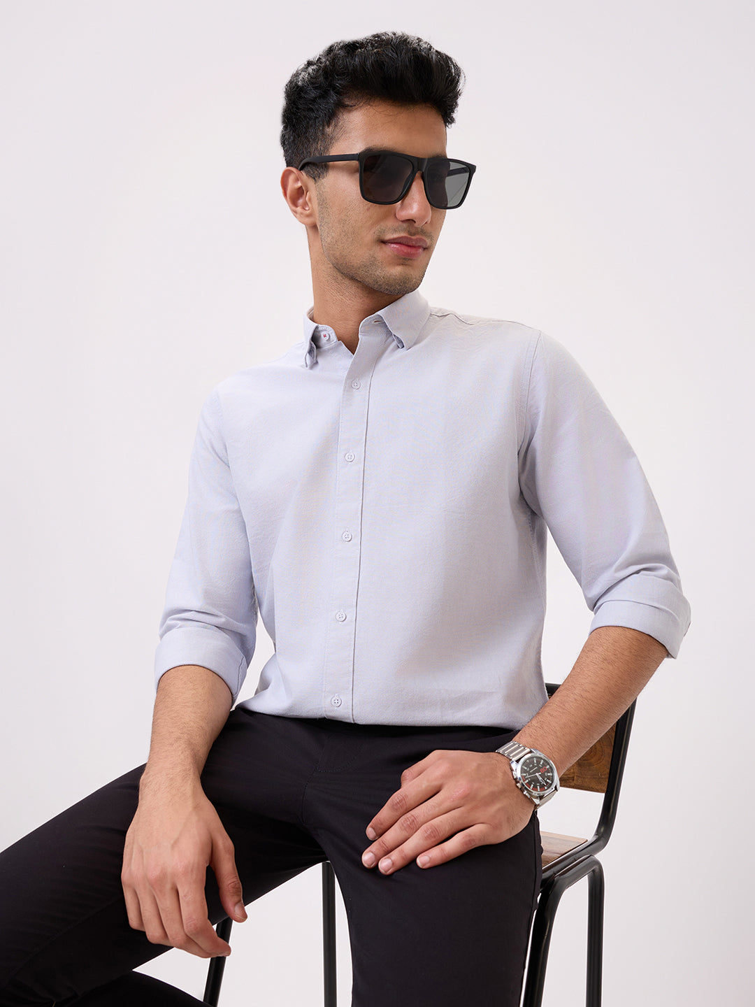 Raymond Men Grey Chambray Regular Fit Cotton Blend Casual Shirt