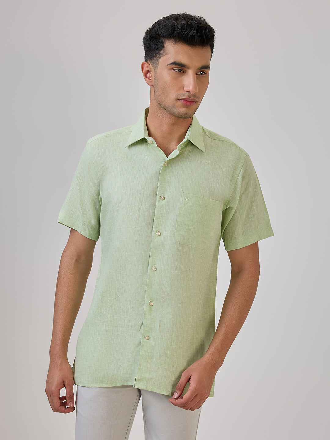 Raymond Men Green Chambray Regular Fit Linen Formal Shirt