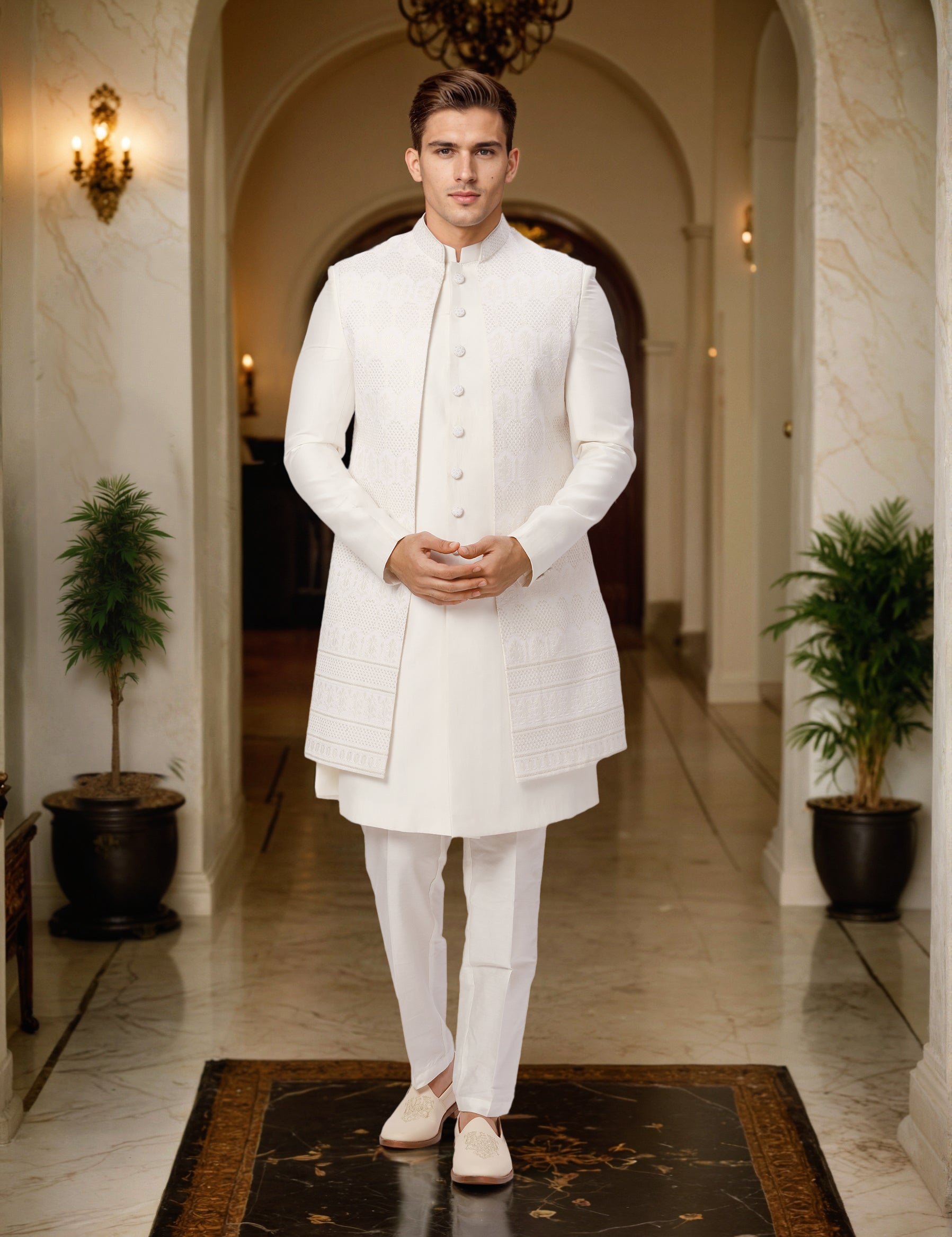 Ethnix by Raymond Men White Embroidery Regular fit Polyster Blend