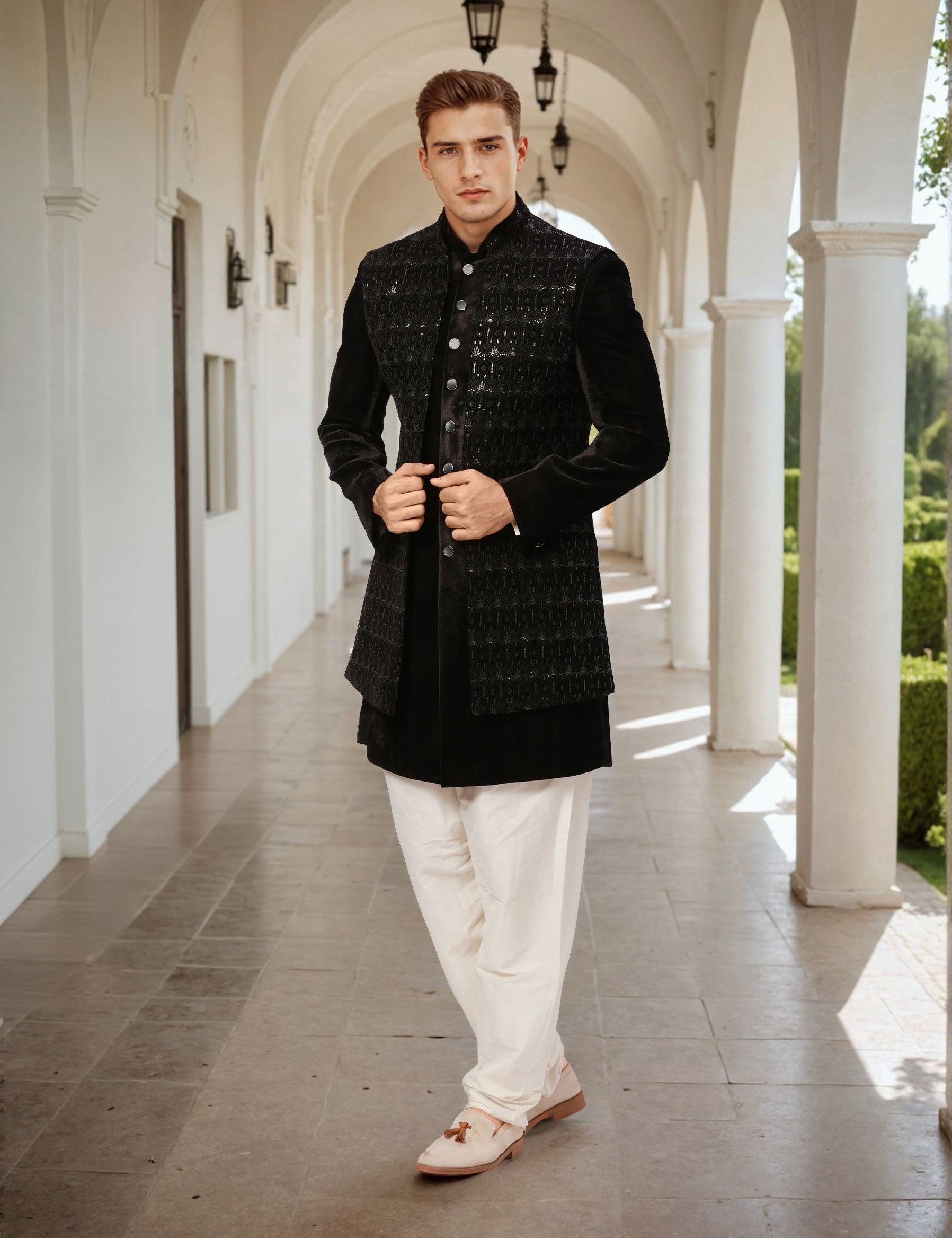 Ethnix by Raymond Men Black Embroidery Regular fit Velvet