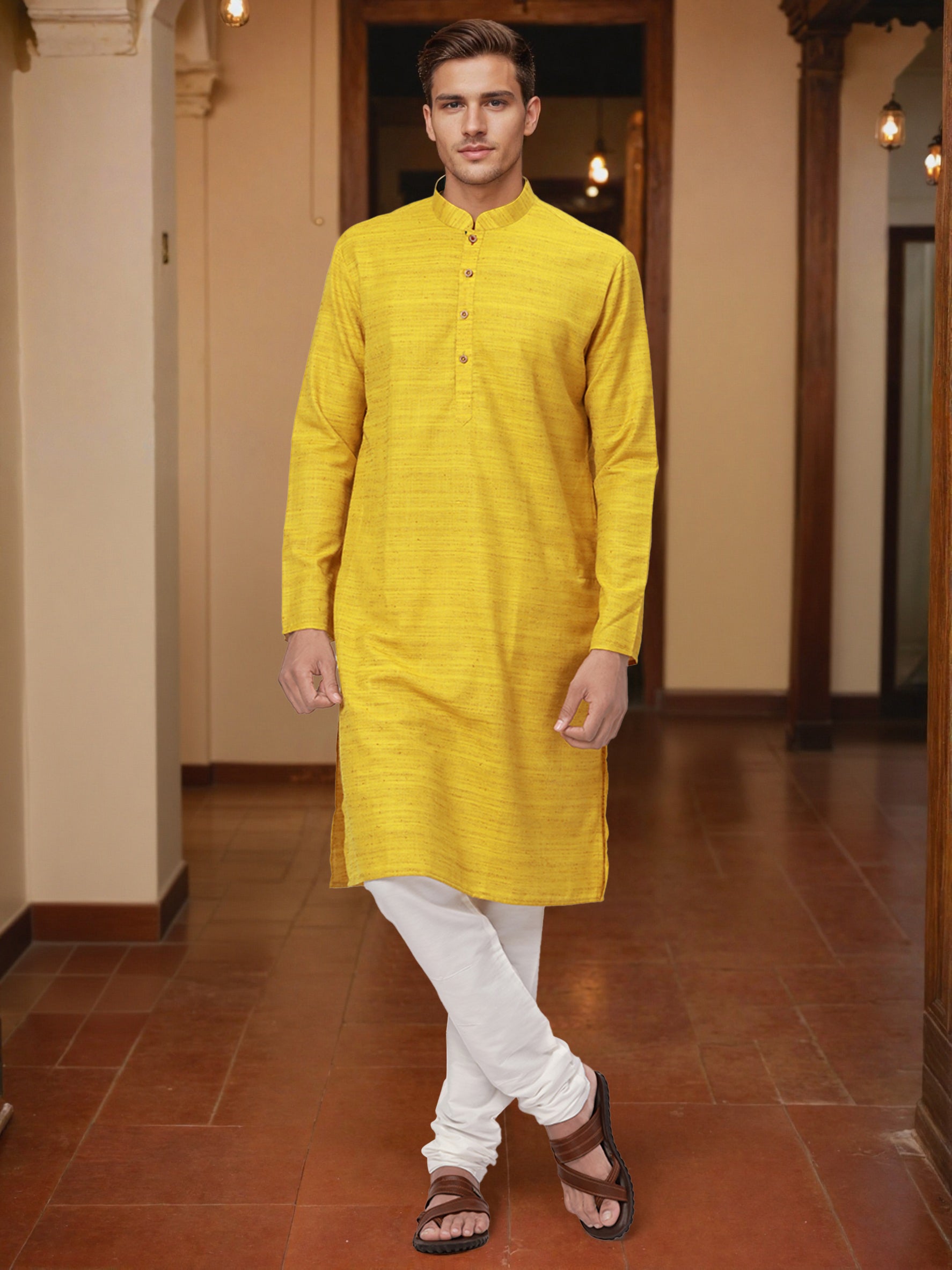 Ethnix by Raymond Men Yellow Solid Regular fit Polyster Blend