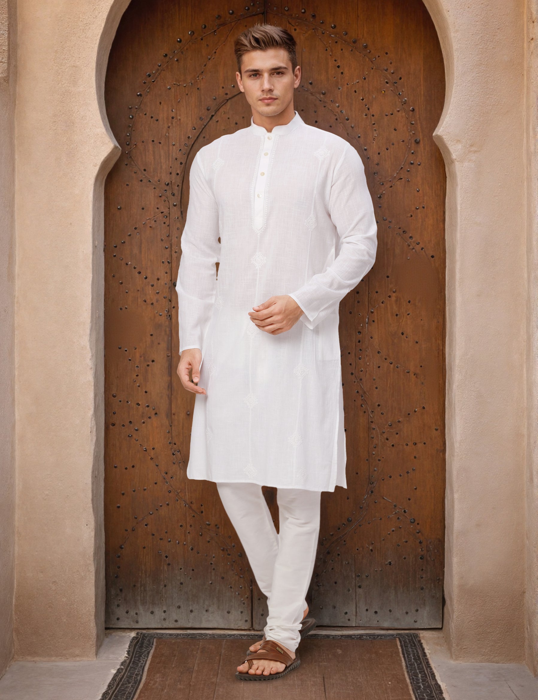 Ethnix by Raymond Men White Embroidery Regular fit Cotton Kurta