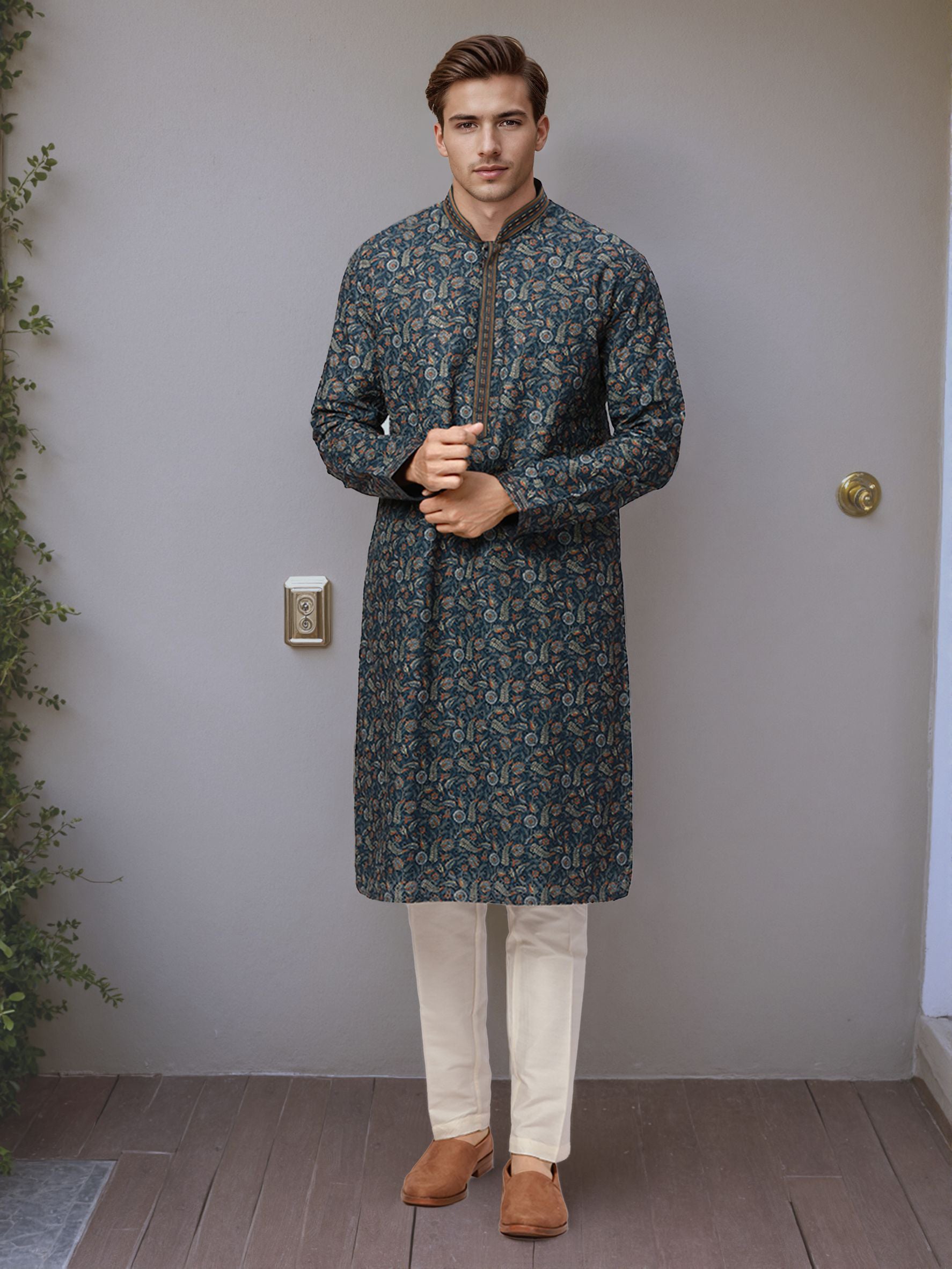 Ethnix by Raymond Men Blue Embroidery Regular fit Polyster Blend