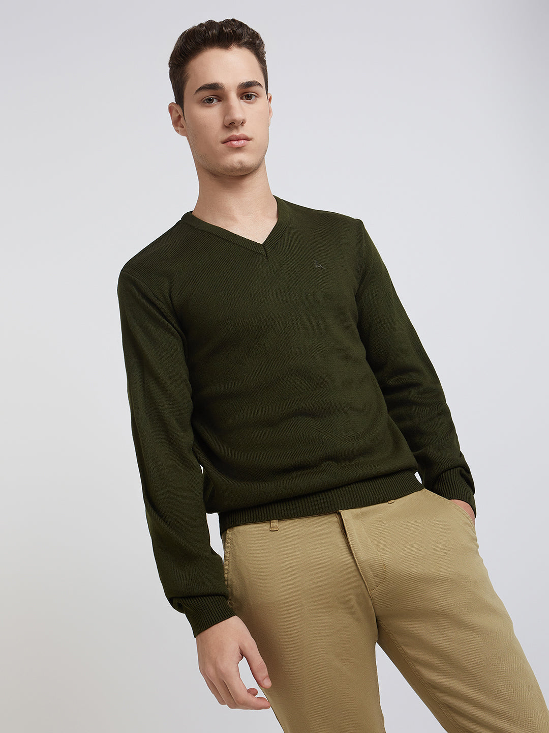 Men Green Solid Acrylic Full Sleeve Sweaters - Main Image