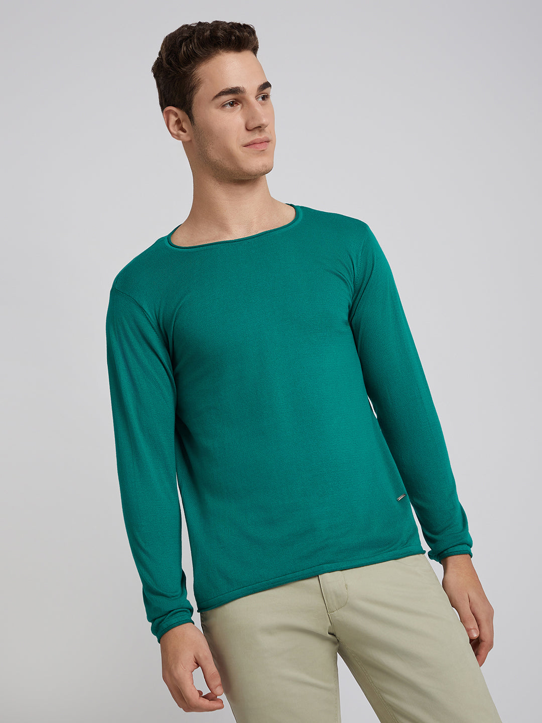 Men Green Solid Cotton Full Sleeve Sweaters - Main Image