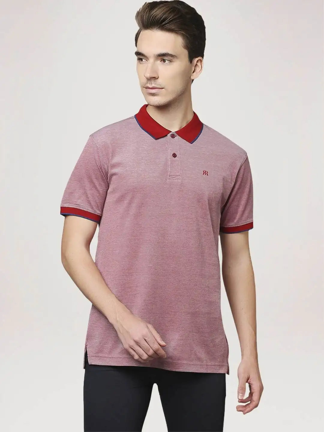 Men Red Contemporary Fit Structure Solid Supima Cotton Polo T Shirt MyRaymond