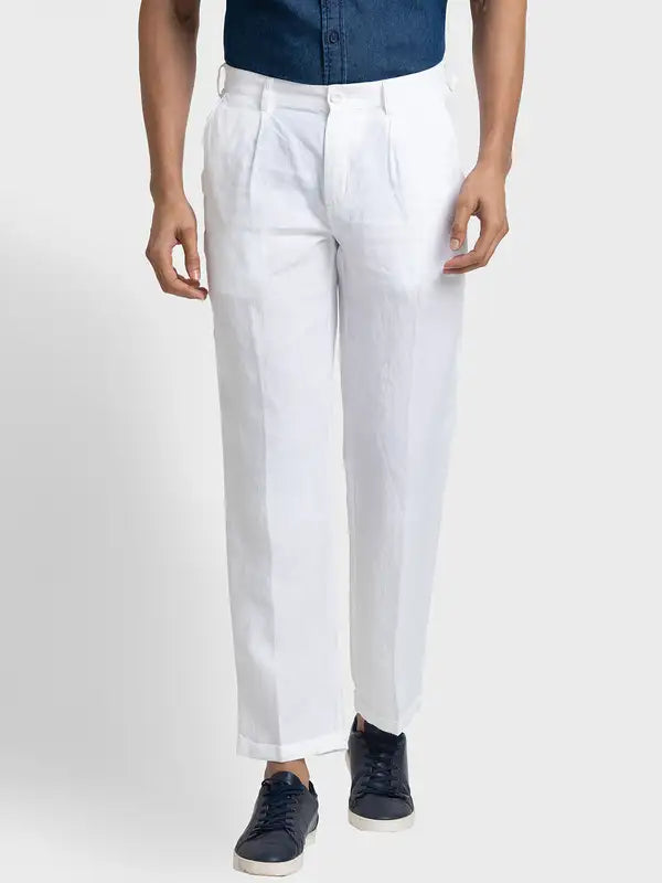 Men White Tailored Fit Yarn Dyed Linen Trouser1