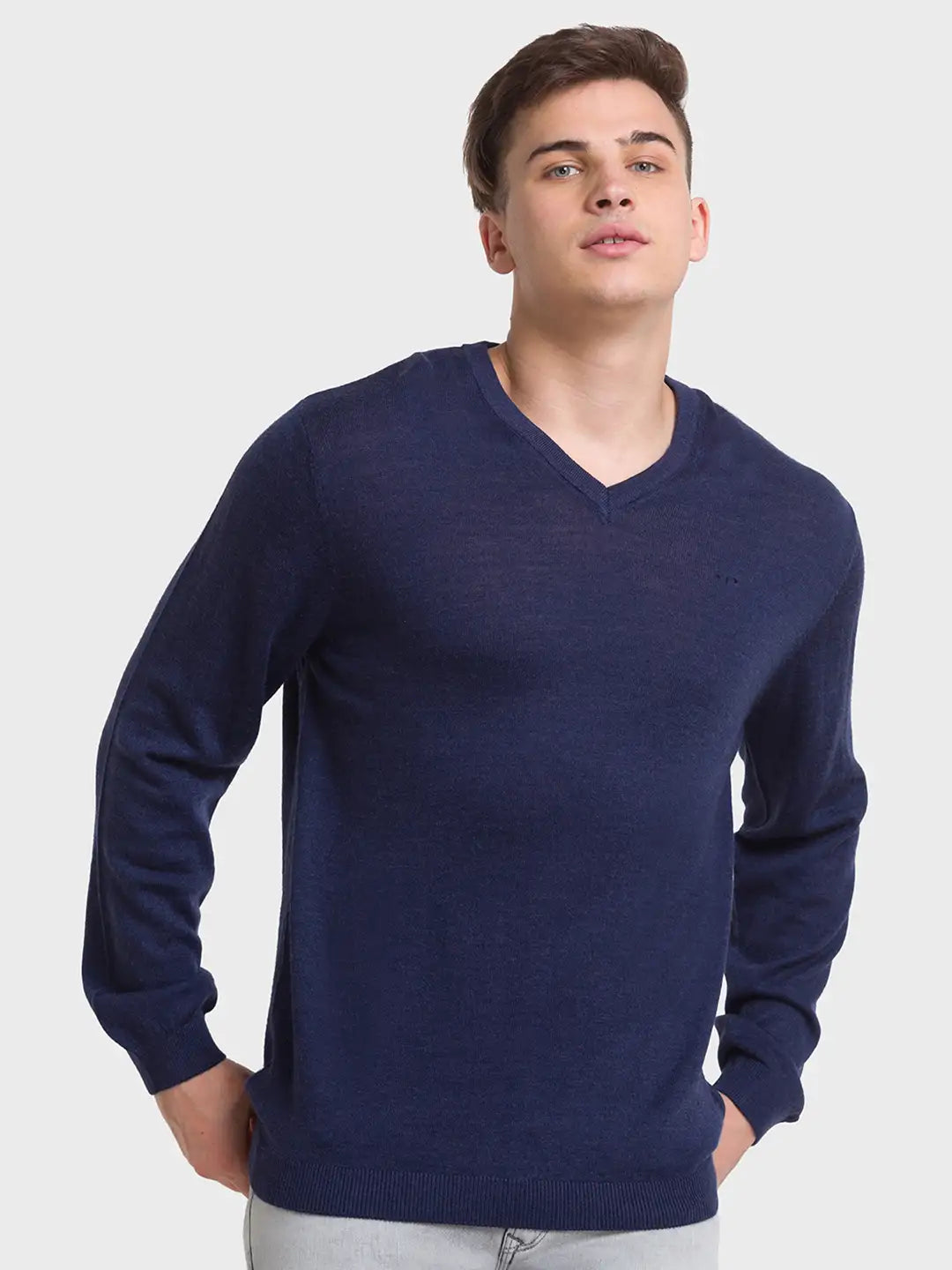 ColorPlus Men Navy Solid Tailored Fit Wool Blend Full Sleeve Sweaters MyRaymond