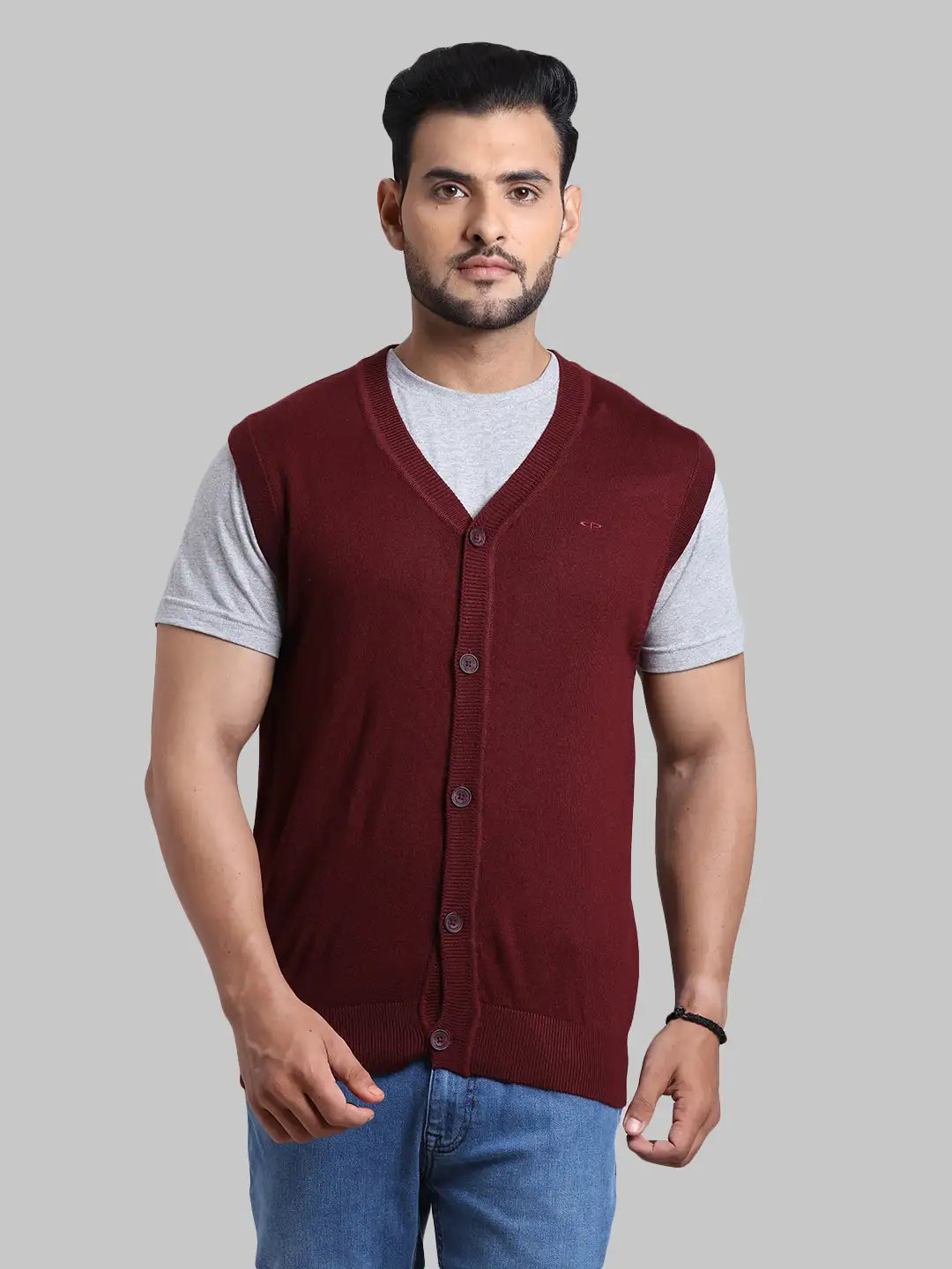 Men Maroon Classic Fit Solid Wool Blend Sleeveless Cardigan MyRaymond