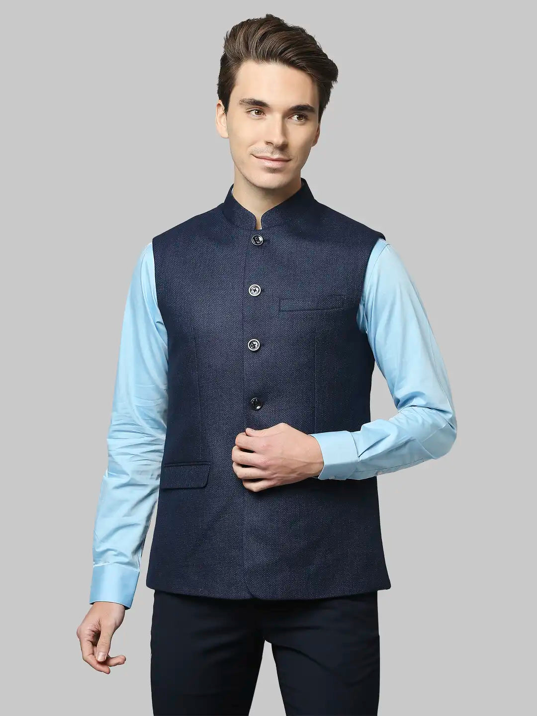 Men Blue Slim Fit Structure Polyester Blend Waist Coat MyRaymond