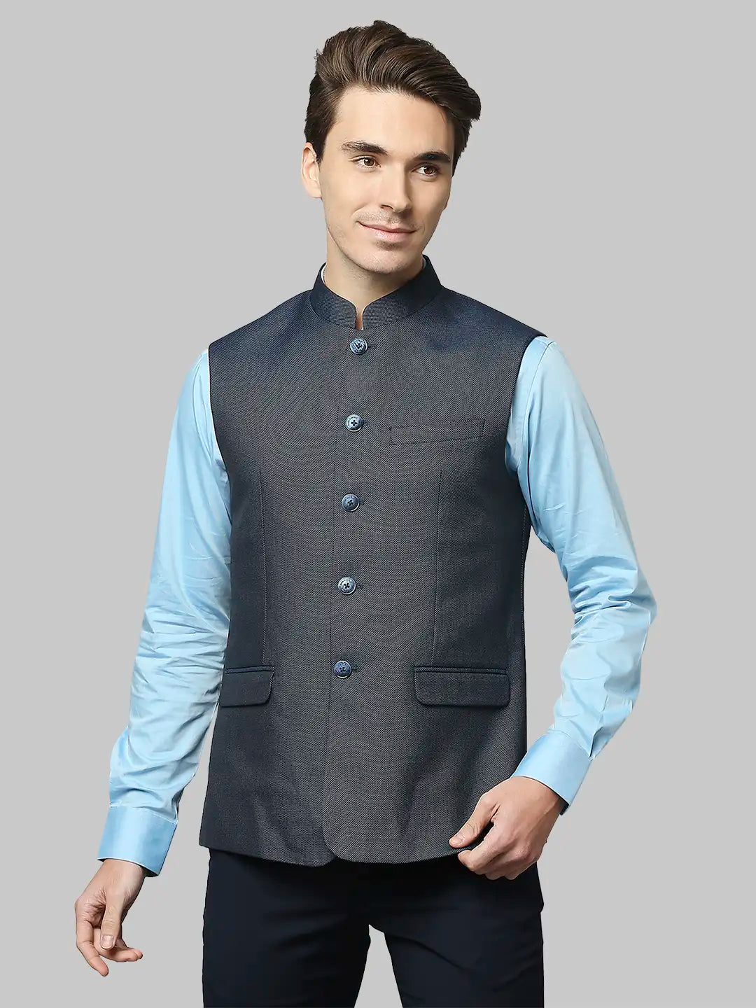 Men Petrol Slim Fit Structure Polyester Blend Waist Coat MyRaymond