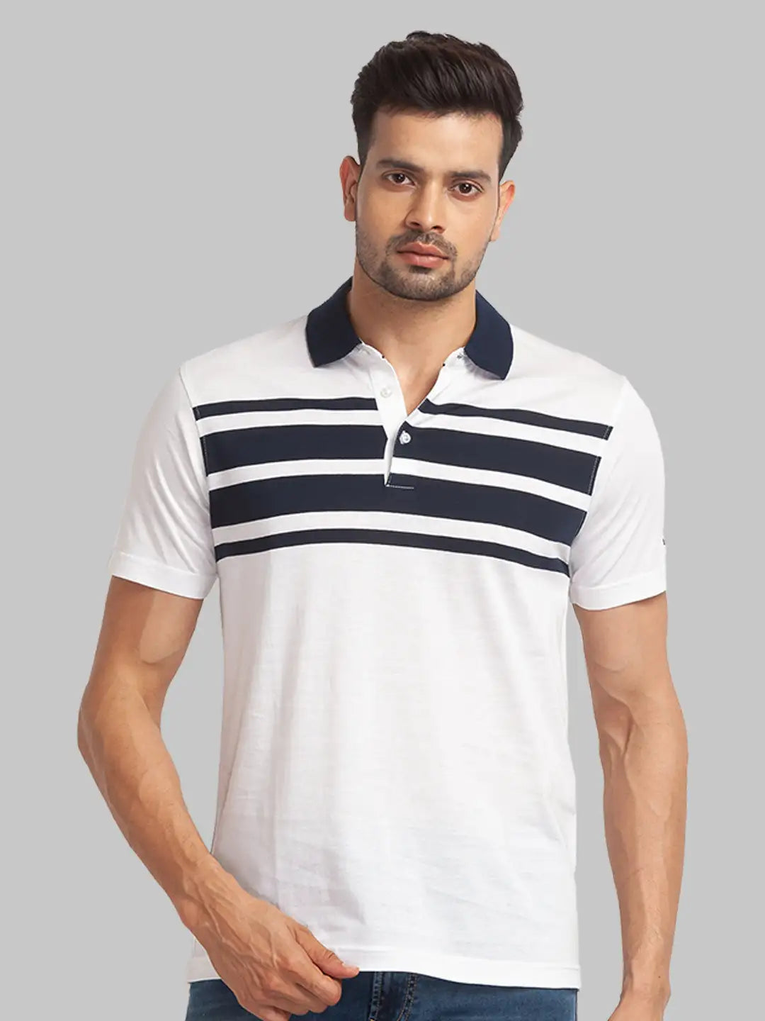 Men White Slim Fit Stripe Cotton Round Neck Collar Polo T Shirt MyRaymond