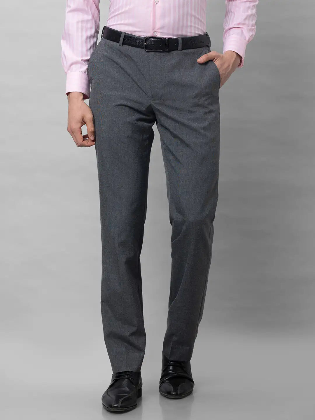 Park Avenue Men Grey Stripe Smart Fit Polyester Blend Trousers MyRaymond