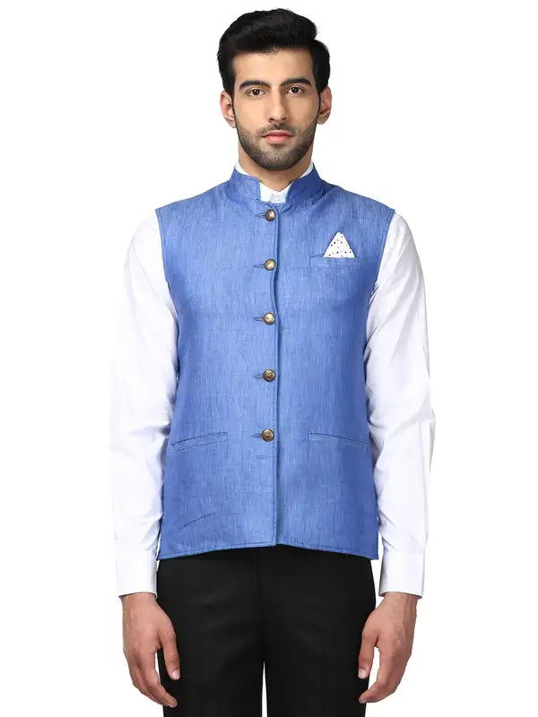 Men Violet Slim Fit Plain Linen Waist Coat - Main Image