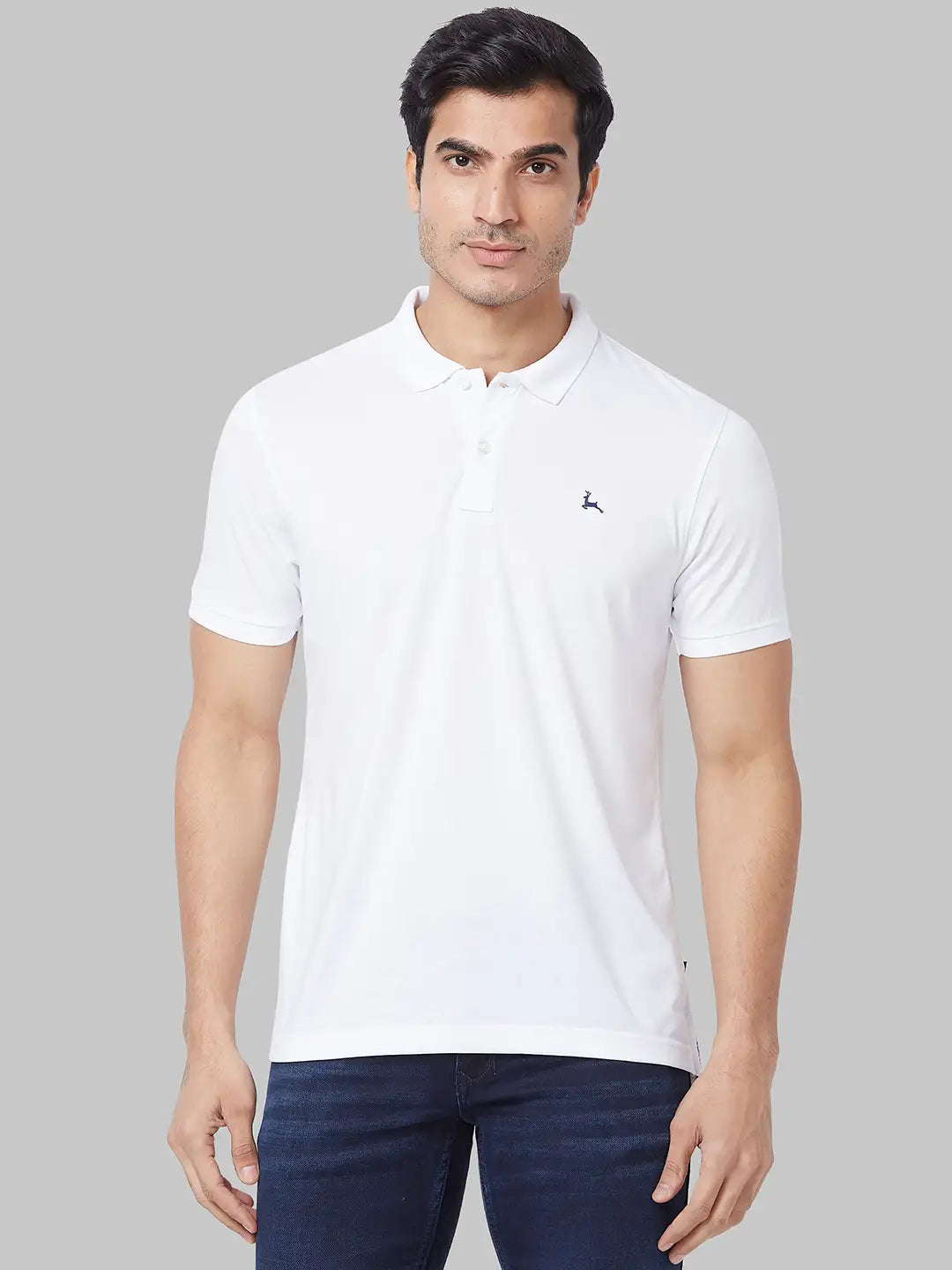 Men White Regular Fit Solid Polyester Blend Round Neck Collar Polo T-Shirt