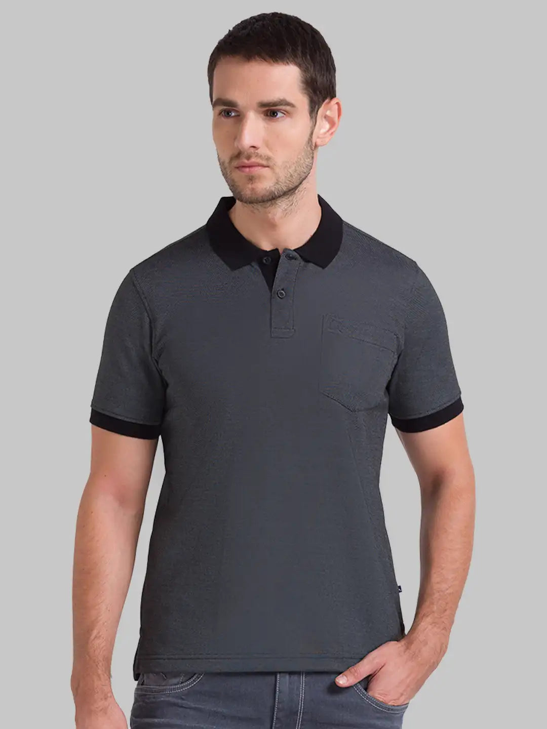 Men Black Regular Fit Structure Cotton Round Neck Collar Polo T Shirt MyRaymond