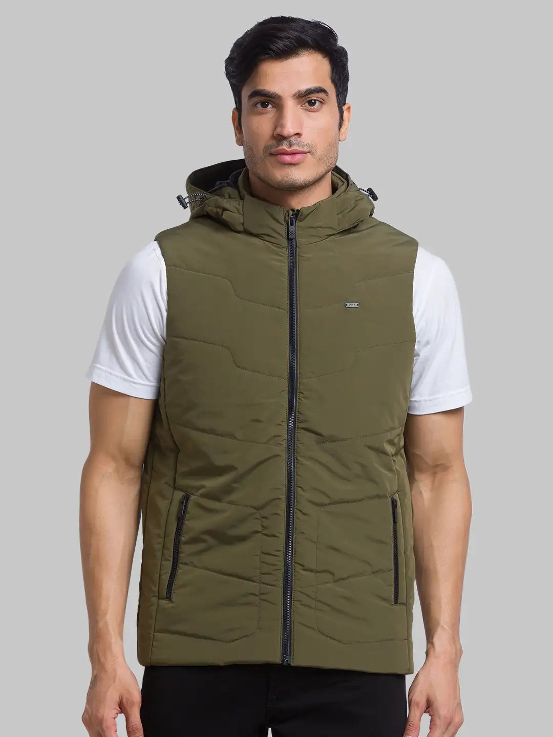 Men Green Solid Polyester Sleeveless Jackets MyRaymond