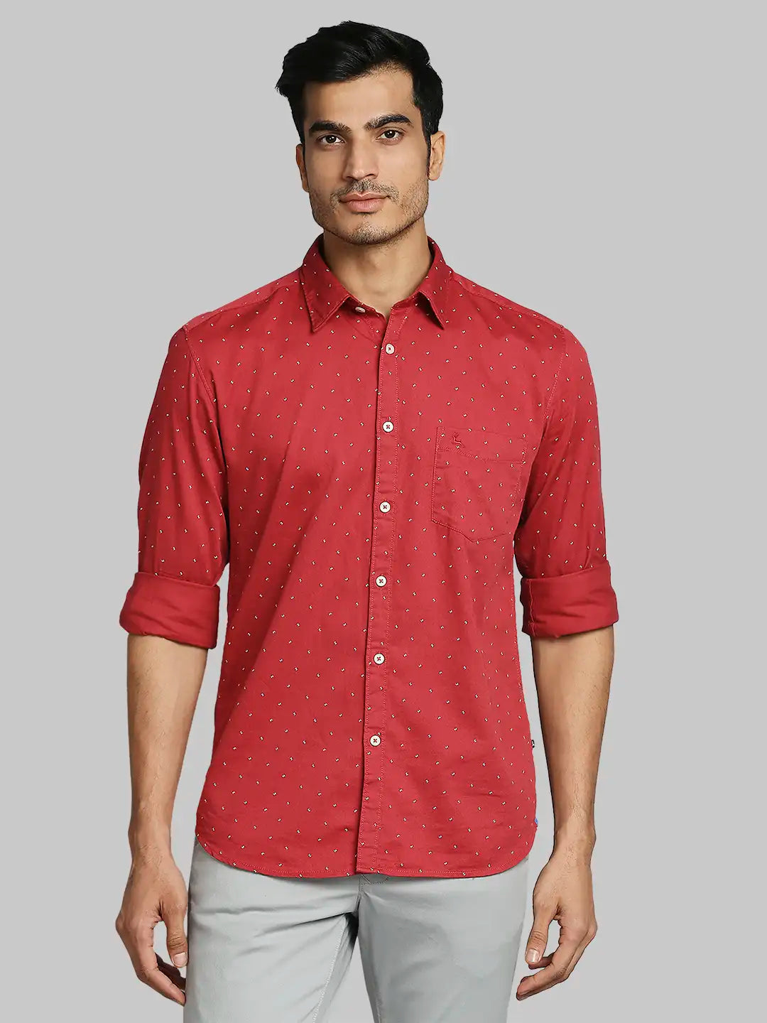 Men Red Slim Fit Print Cotton Full Sleeve Shirts MyRaymond