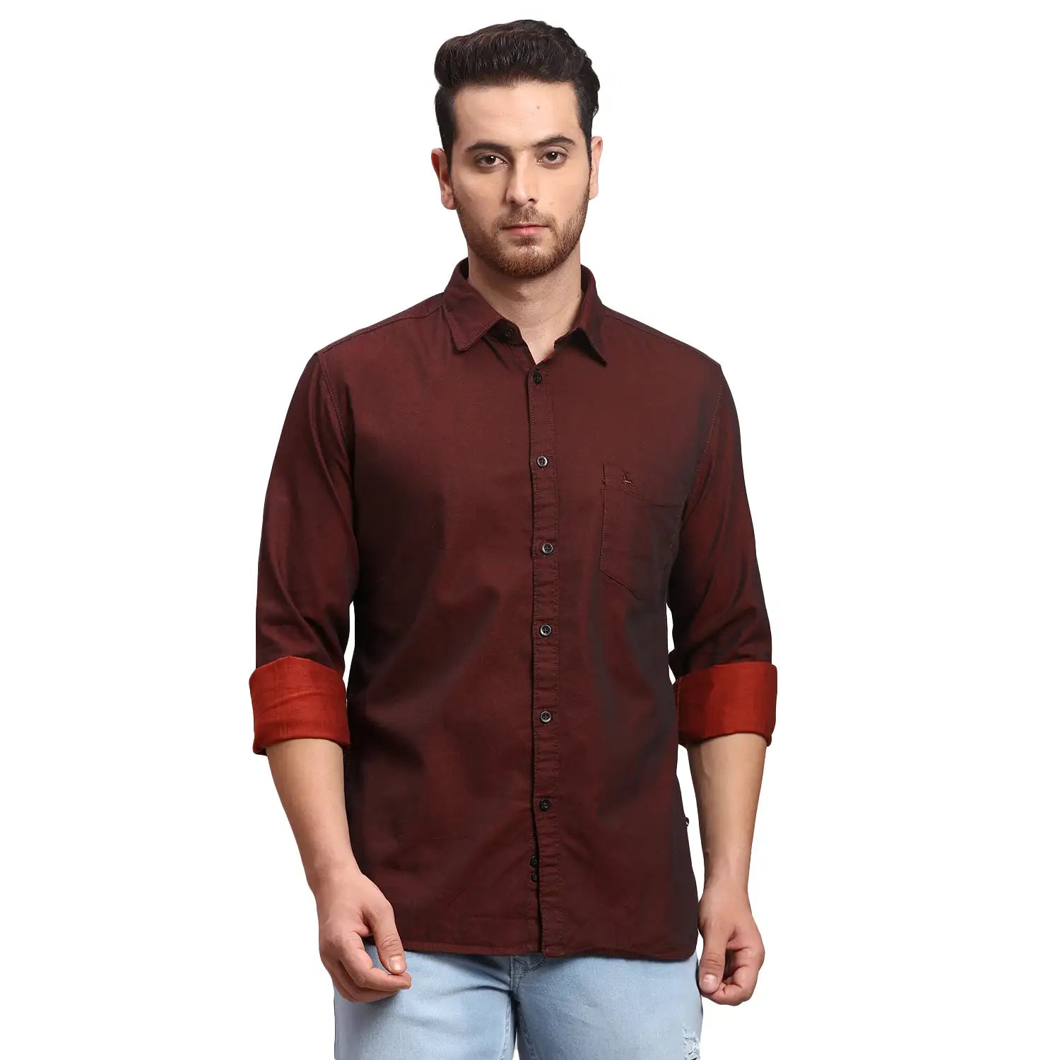 Red Slim Straight Fit Regular Collar Long Sleeves Cotton Men's Shirt by Being Human Clothing