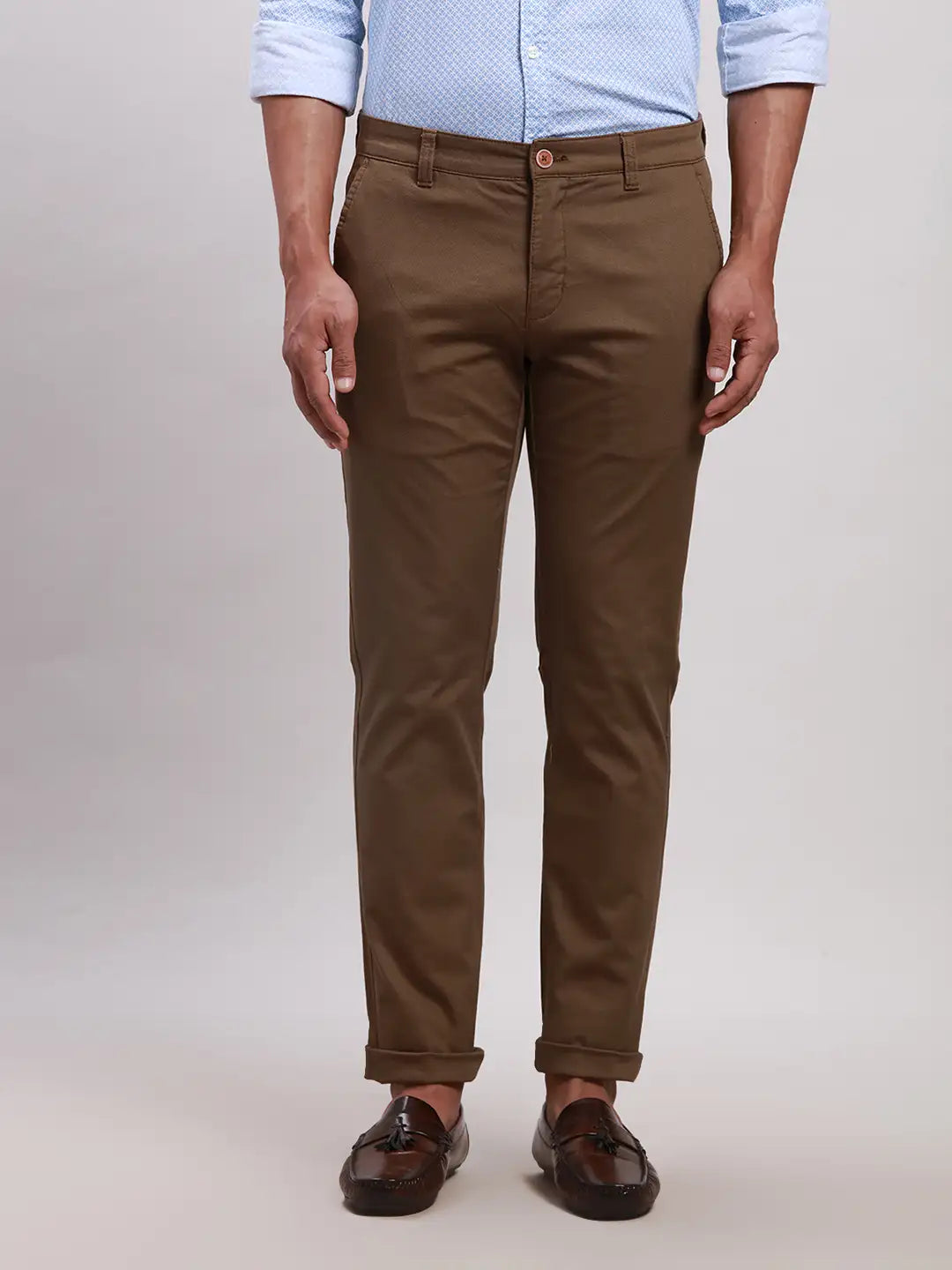 Parx Men Khaki Low Rise Tapered Fit Solid Cotton Blend Parx Men Khaki Low Rise Tapered Fit Solid Cotton Blend