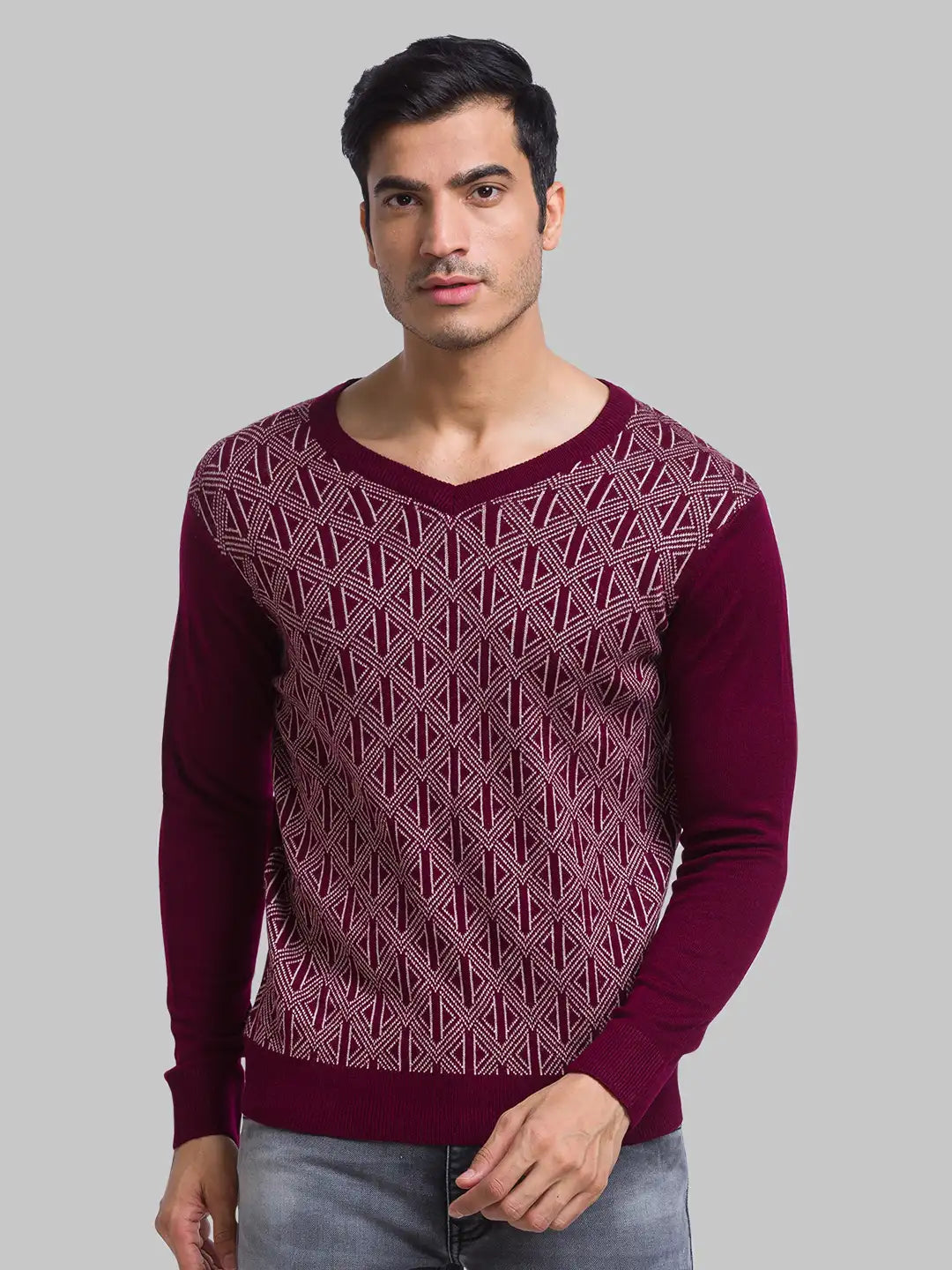 Parx Men Maroon Regular Fit Yarn Dyed Acrylic Full Sleeves V Neck Sweater