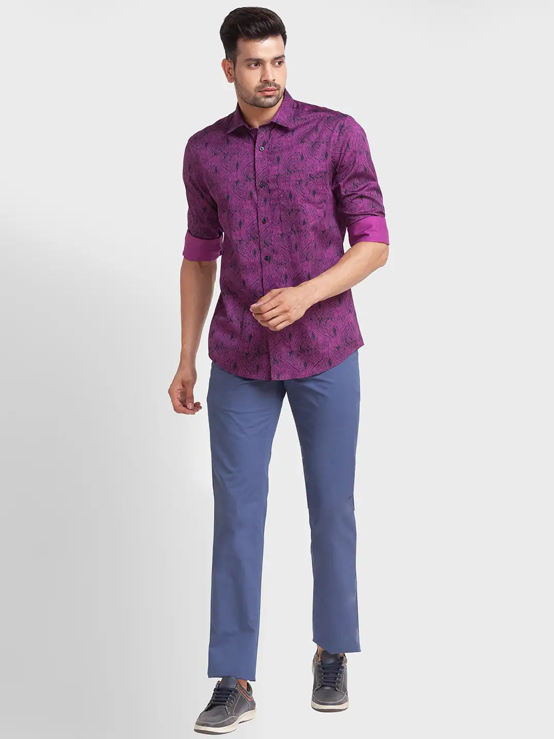 Colorplus Men Purple Printed Tailored Fit Cotton Casual Shirt