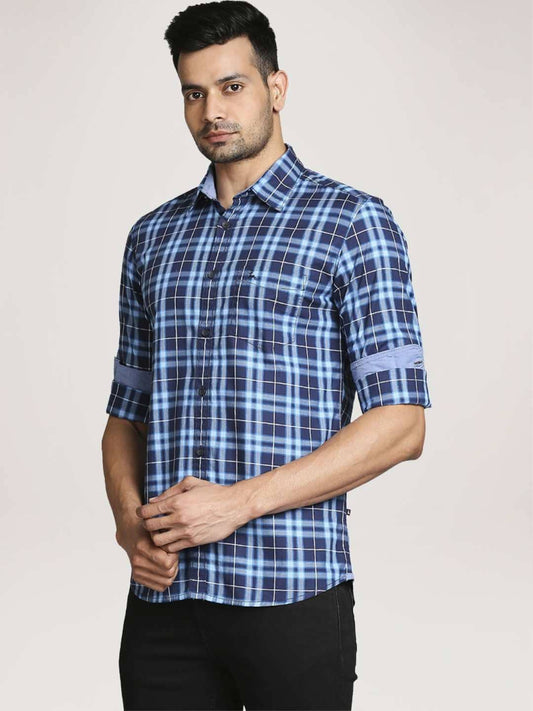 Men Blue Slim Fit Checks Cotton Full Sleeve Shirts