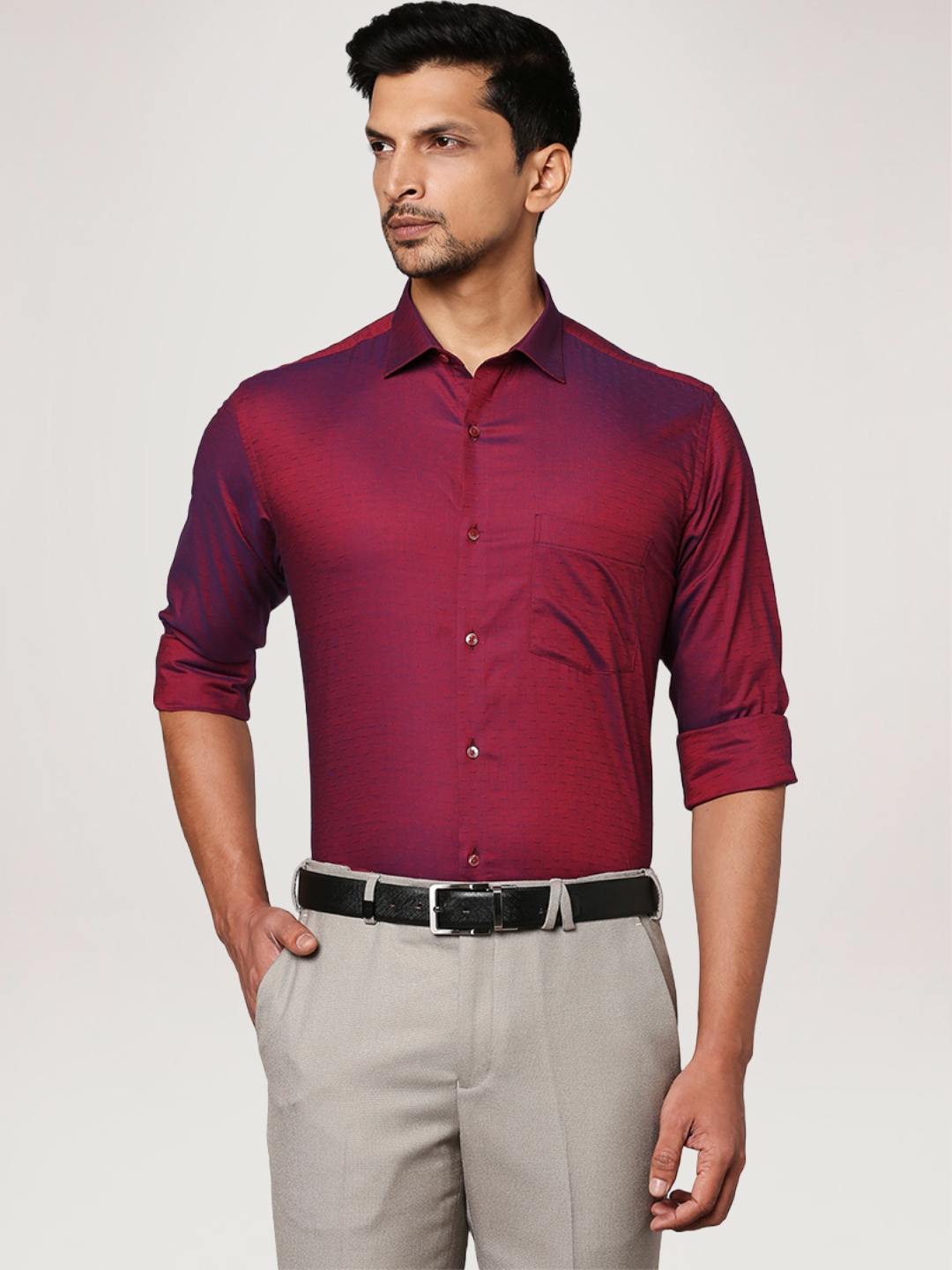 Park Avenue Men Dark Maroon Solid Slim Fit Work Shirt