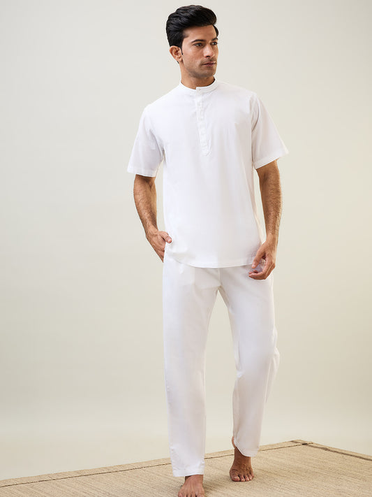 Sleepz Men White Solid Comfort Fit Cotton Kurta Set