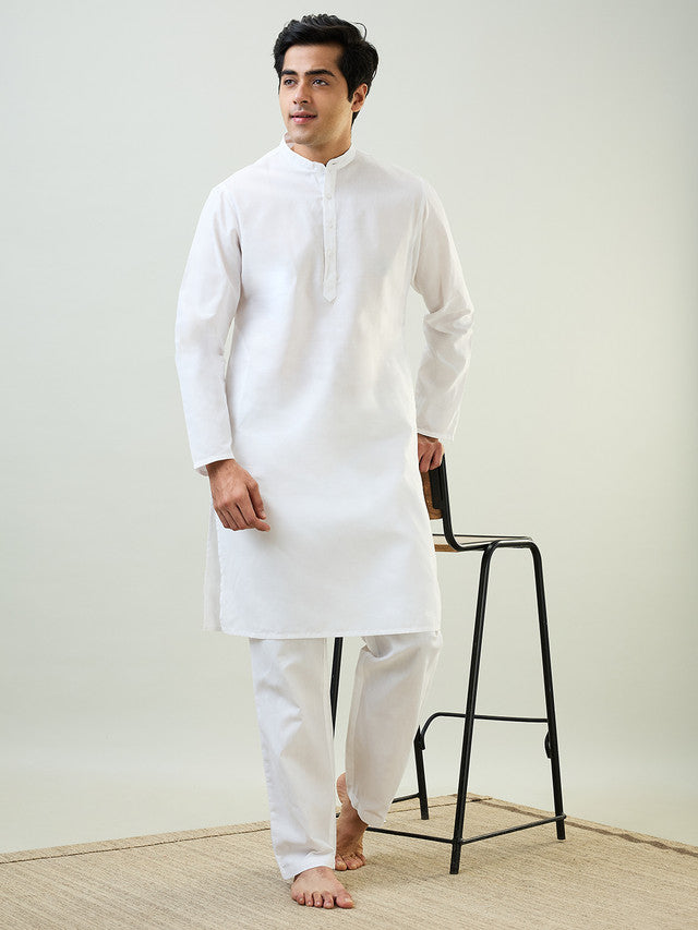 Sleepz Men White Comfort Fit Solid Kurta Set