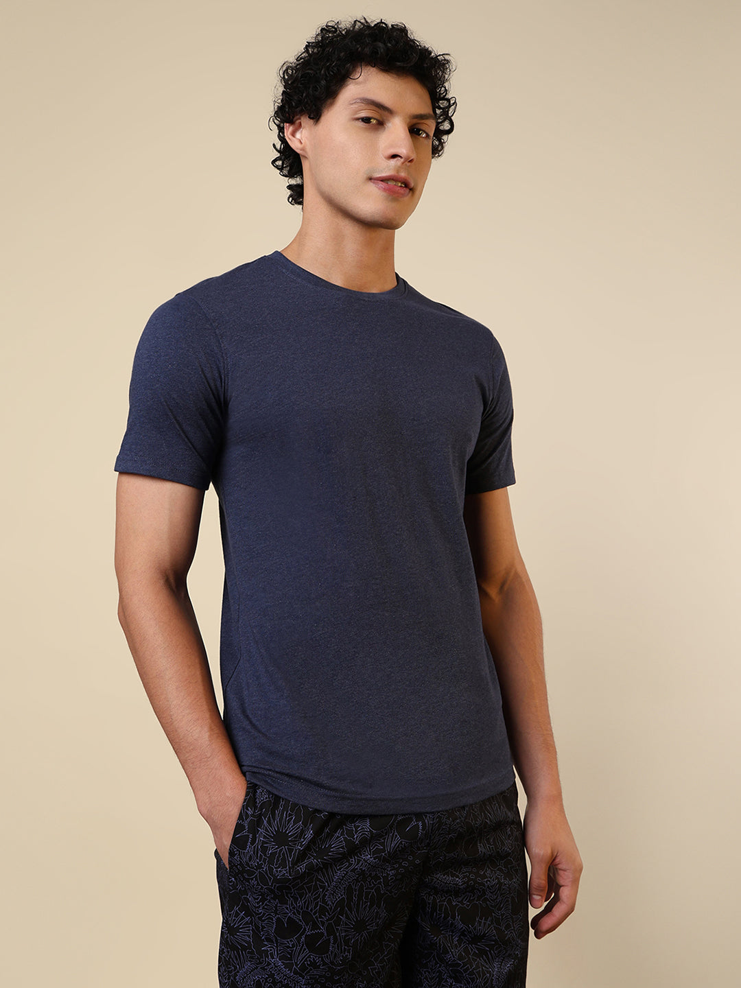 Sleepz Men Blue Solid Regular Fit Cotton T-Shirt