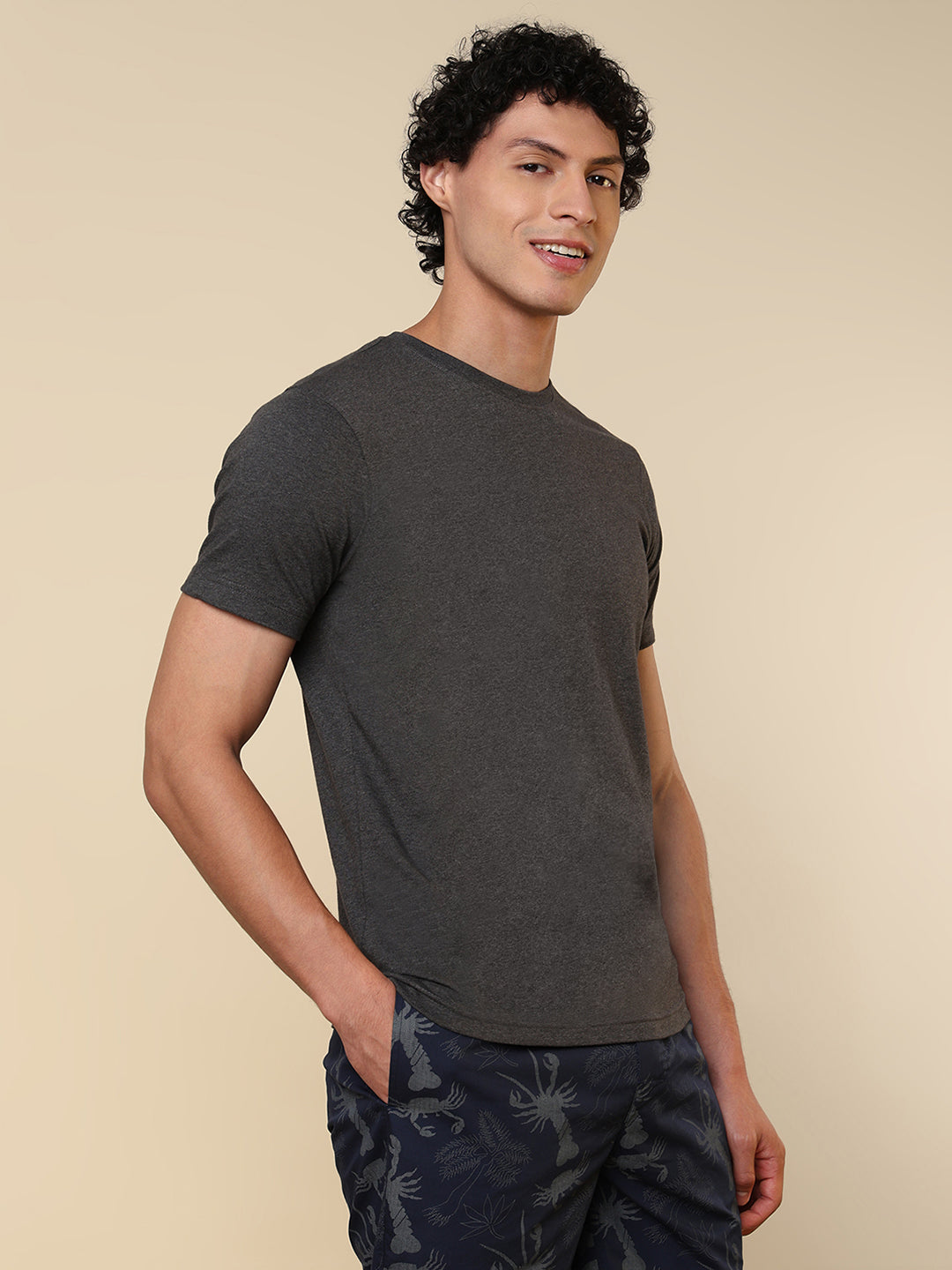 Sleepz Men Grey Regular Fit Solid Round Neck Collar T-Shirt