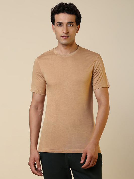 Sleepz Men Brown Solid Regular Fit Bamboo T-Shirt