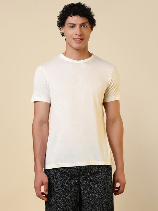 Sleepz Men White Solid Regular Fit Cotton T-Shirt
