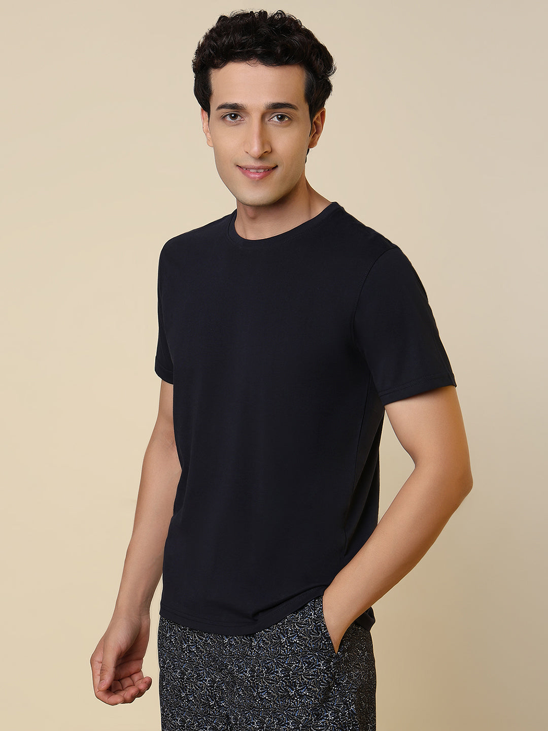 Sleepz Men Blue Solid Regular Fit Cotton T-Shirt