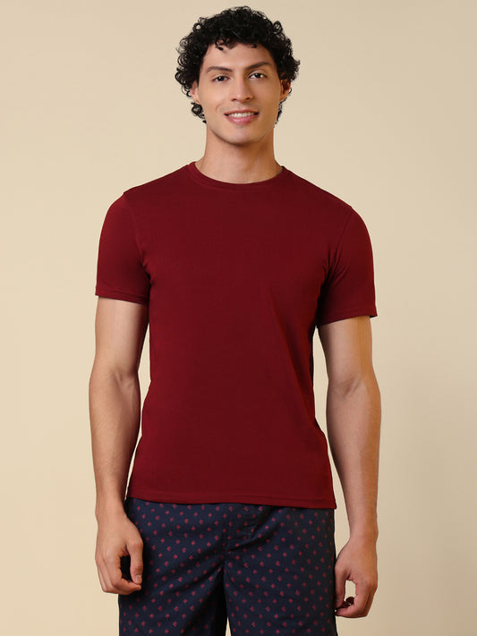 Sleepz Men Maroon Solid Regular Fit Cotton T-Shirt