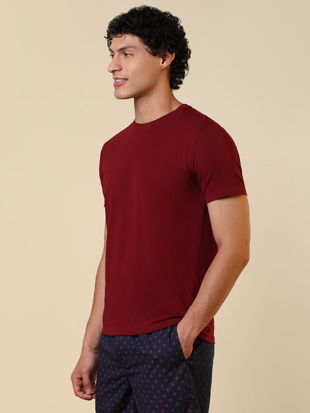 Sleepz Men Maroon Solid Regular Fit Cotton T-Shirt