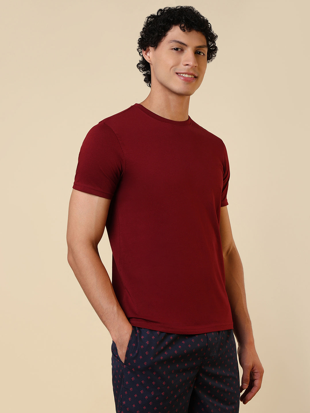Sleepz Men Maroon Solid Regular Fit Cotton T-Shirt