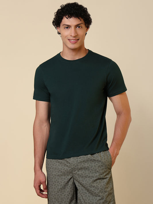 Sleepz Men Green Solid Regular Fit Cotton T-Shirt
