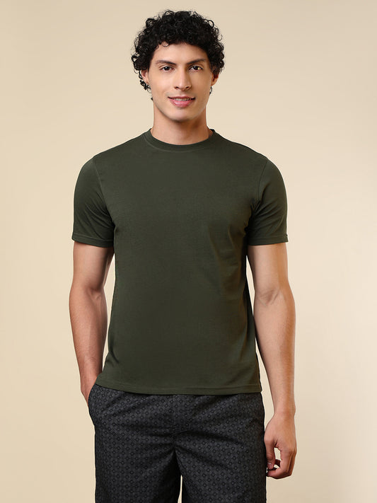 Sleepz Men Green Solid Regular Fit Cotton T-Shirt